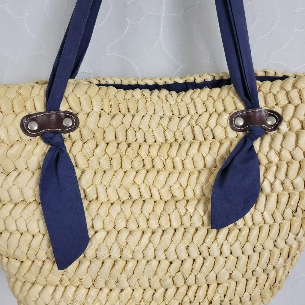 World Market Womens Tote Bag Navy Fabric Straps Natural Beige Rattan Beach